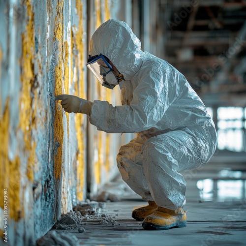 Asbestos Removal Specialist Carefully Handling Hazardous Materials in Protective Suit During Building Renovation