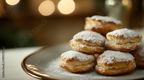 A plate of mince pies dusted with powdered sugar and served with cream. photo