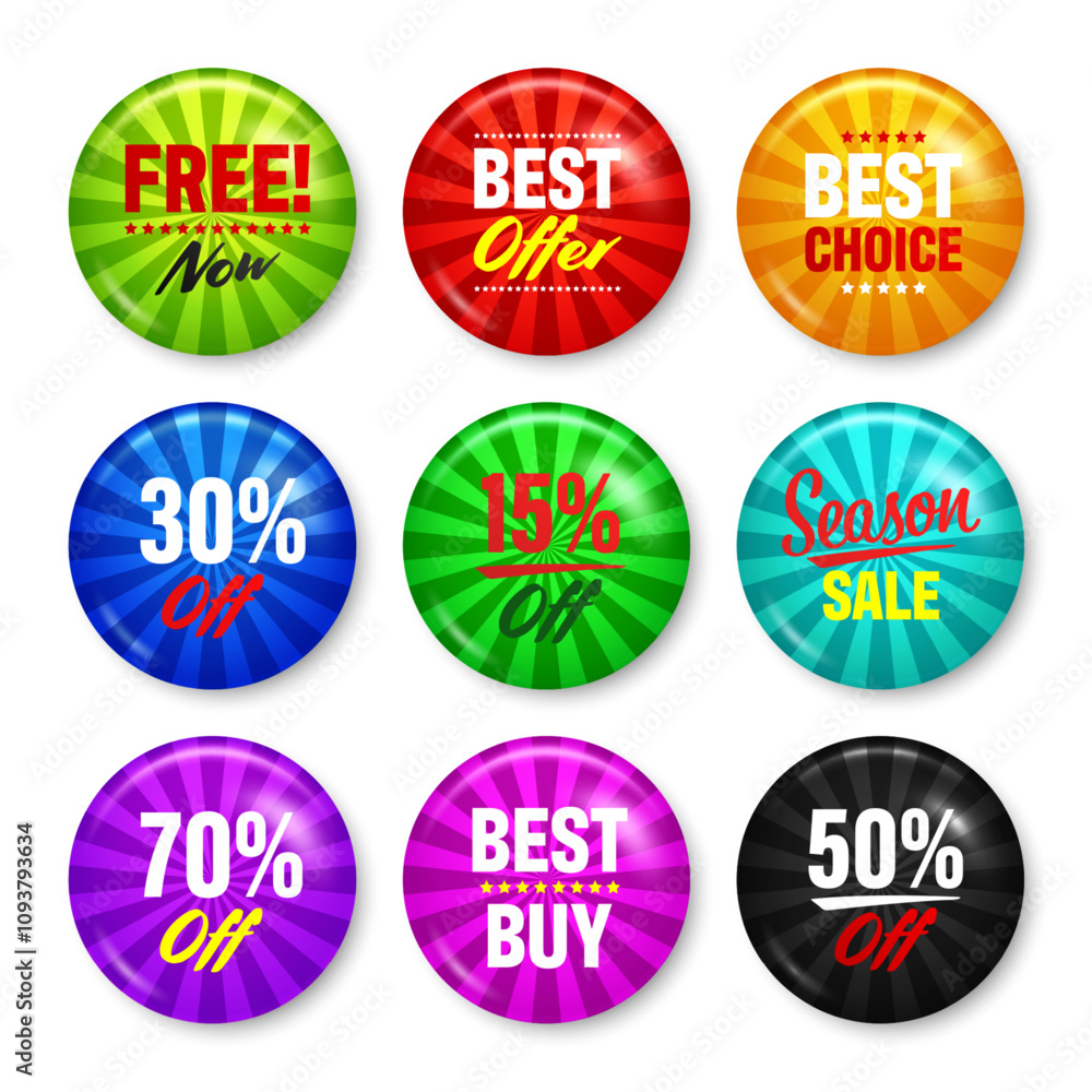 Realistic funky badges with text. Product promotion, sale. Special offer. Glossy round button. Pin badge mockup. Vector illustration Realistic funky badges with text. Product promotion, sale. Special offer. Glossy round button. Pin badge mockup. Vector illustration