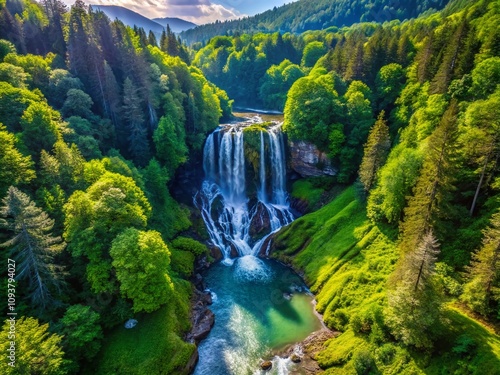 Breathtaking Drone Photography of Uracher Wasserfall in Baden-Württemberg, Germany – A Summer Oasis in the Schwäbische Alb with Cascading Waterfalls and Lush Forests photo