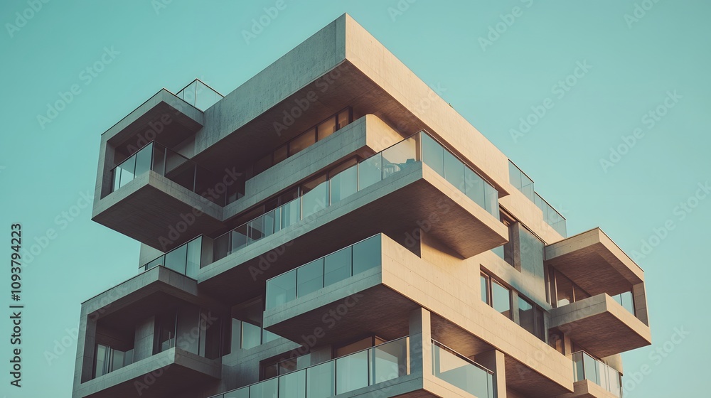 Modern architectural design featuring cantilevered balconies and large glass windows. Modern architectural design featuring cantilevered balconies and large glass windows.
