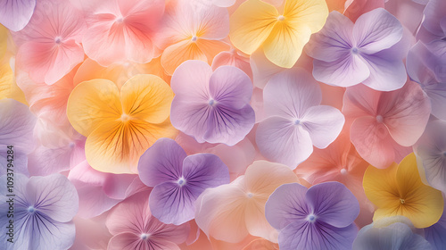 A repeating floral pattern in soft pastel shades of pink yellow and lavender on a fabric background.