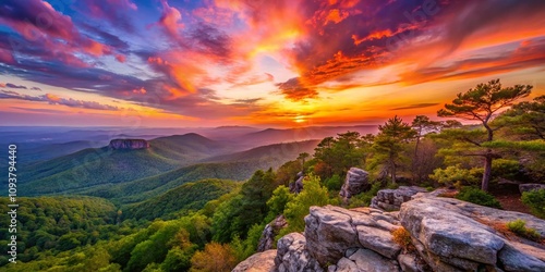 Breathtaking Long Exposure Sunset at Cheaha Overlook, Capturing Nature's Palette with Vibrant Colors and Serene Landscapes in the Heart of Alabama's Scenic Beauty photo