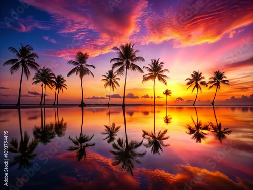 Breathtaking Minimalist Tropical Sunset with Palm Trees Silhouetted Against the Ocean Reflection, Capturing the Serenity of Nature in Vibrant Colors and Calm Waters
