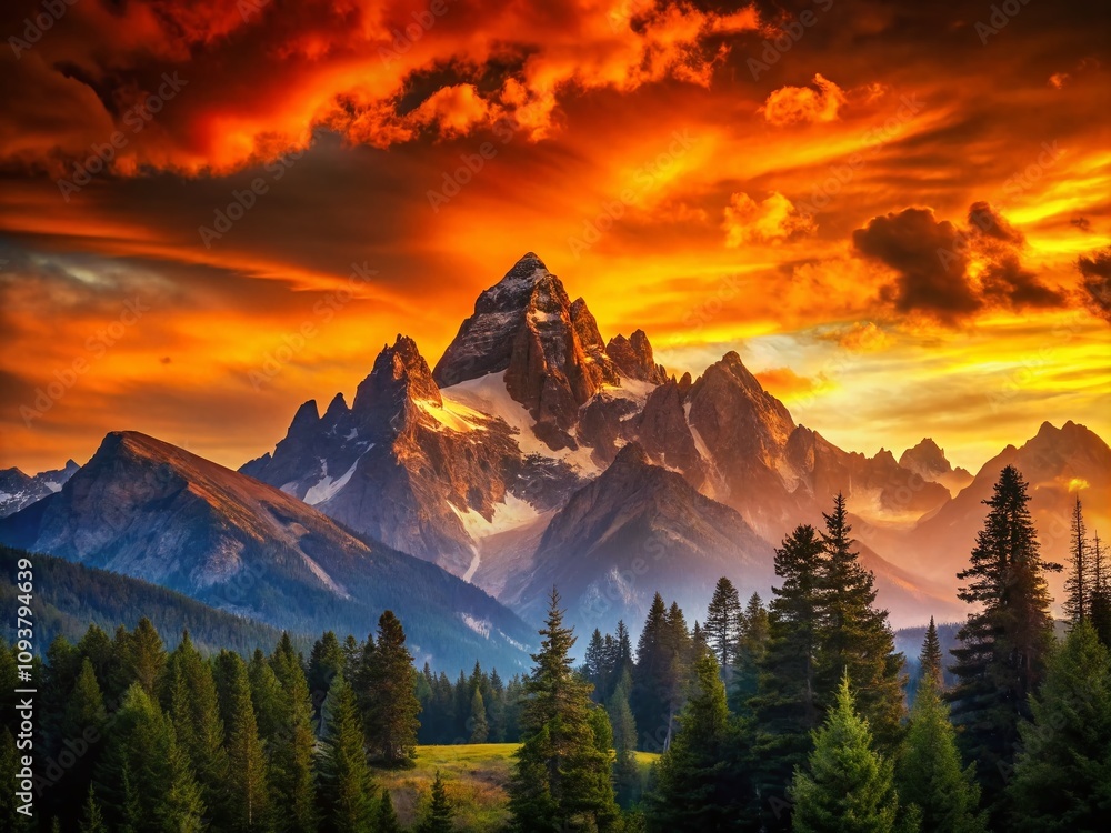 Obraz premium Breathtaking Mountain Landscape at Sunset with Vibrant Orange Sky Over Majestic Peaks Perfect for Nature Lovers and Travel Enthusiasts Capturing the Beauty of the Great Outdoors