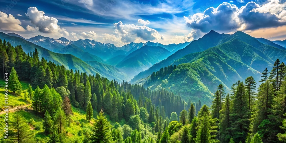 Fototapeta premium Breathtaking Mountain Landscape Featuring Lush Green Mountains, Towering Pine Forests, and a Clear Blue Sky for Nature Lovers and Adventure Enthusiasts