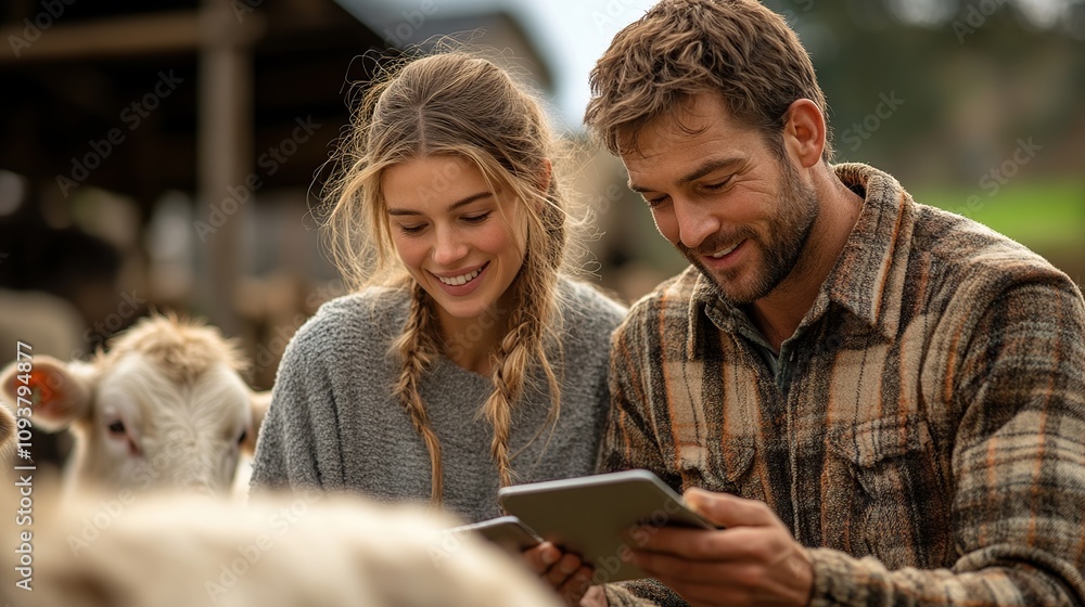 Young Couple Farm Tech: Modern Farming Lifestyle Young Couple Farm Tech: Modern Farming Lifestyle