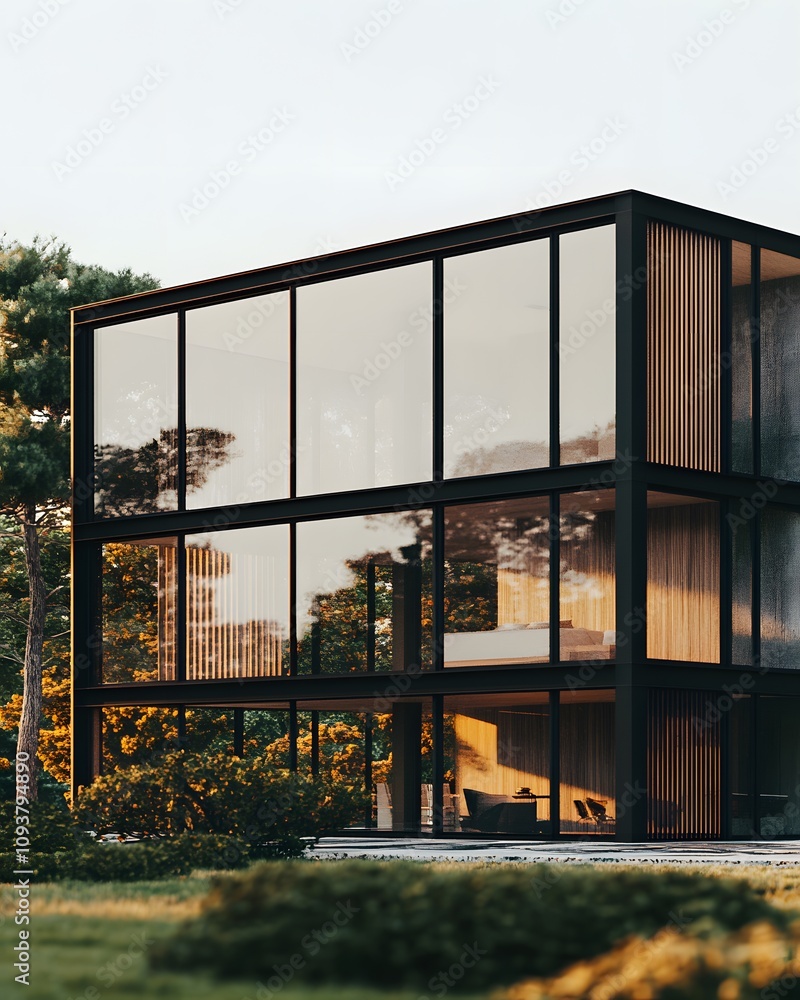 Fototapeta premium Modern glass and wood house surrounded by greenery, showcasing contemporary architecture.