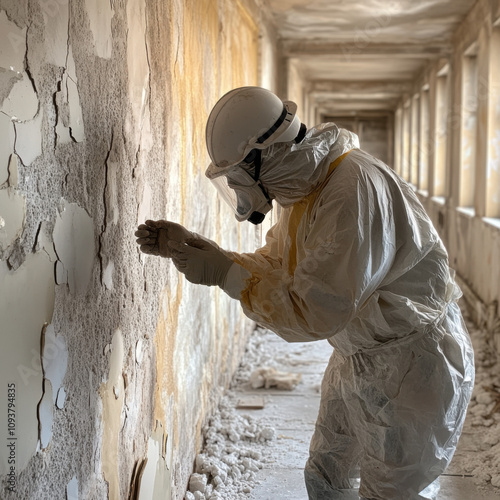 Specialist carefully removing asbestos from building interior 