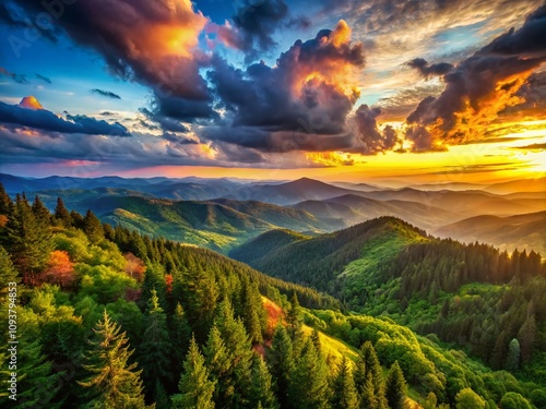Breathtaking Panorama of Evening Wild Nature High in Majestic Mountains with Vibrant Sunset, Rolling Hills, and Lush Forests Capturing the Essence of Tranquility and Wilderness