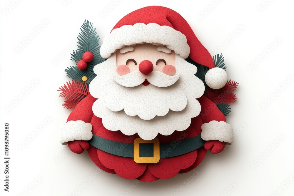 Cheerful and Festive Santa Claus Character in Paper Art Style Surrounded by Pine Branches and Decorative Ornaments for Holiday Celebrations and Christmas Themes Cheerful and Festive Santa Claus Character in Paper Art Style Surrounded by Pine Branches and Decorative Ornaments for Holiday Celebrations and Christmas Themes