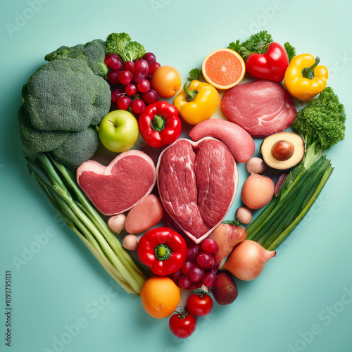 carne, frutas, vegetales dieta balanceada antioxidante en forma de corazon, concepto de corazon y alimentacion saludable rica en proteinas, vitaminas, magnesio y calcio photo