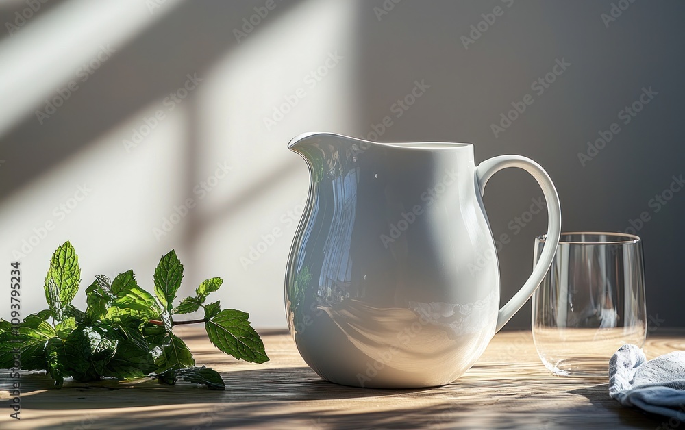A white pitcher and glass on a wooden table with fresh mint. The pitcher is filled with water. The sunlight casts shadows on the wall.