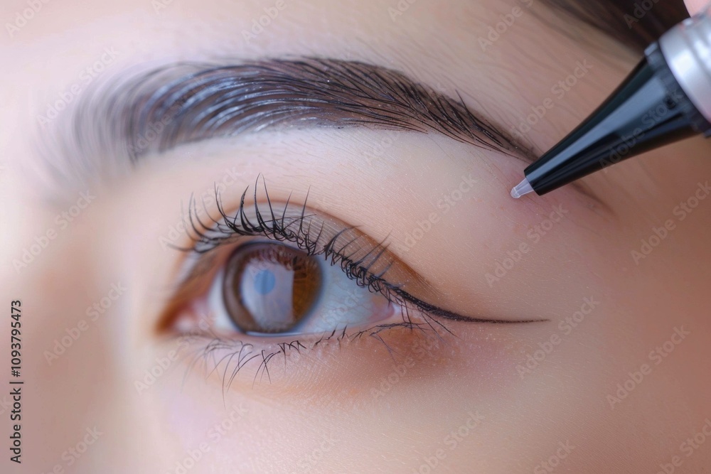 Naklejka premium Young woman applying makeup on her eyebrows with precision, showcasing beauty and self-care routine. Close-up on eye and brow enhancements for a polished look.