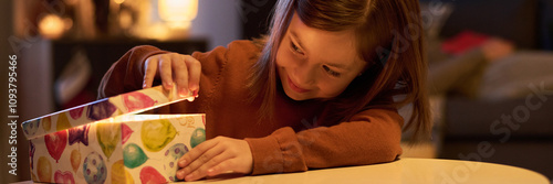 Smiling girl opening a colorful gift box with curiosity and joy on her face, captured indoors. Box lid slightly tilted back while girl is reaching inside photo