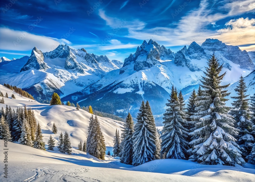 Fototapeta premium Breathtaking Snowy Mountain Slopes in the French Alps Captured in Stunning Detail, Perfect for Travel and Adventure Enthusiasts Seeking Serene Winter Landscapes