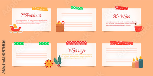 Design a cheerful Christmas multiple note paper. Each note has a white background with colorful decorative tape at the top