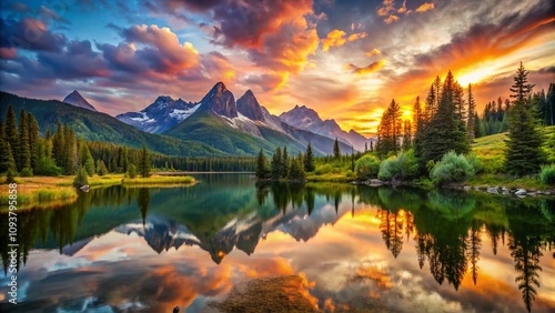 Breathtaking Sunrise and Sunset in the Mountains Captured with the Rule of Thirds, Showcasing Vibrant Colors and Serene Landscape in Nature's Splendor