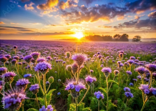 Breathtaking Sunrise Over a Rural Landscape with a Blossoming Meadow of Purple Phacelia Flowers in Springtime, Capturing Nature's Beauty and Tranquility at Dawn