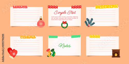 Design a cheerful Christmas multiple note paper. Each note has a white background with colorful decorative tape at the top