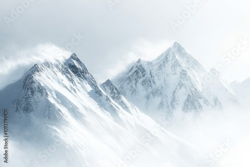 peaceful mountain range interrupted by the sudden rush of an avalanche, with snow cascading down, minimal background with copy space