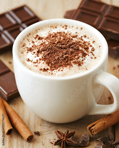 Delicious hot chocolate in a white mug topped with cocoa, cozy atmosphere, chocolate bars, copy space