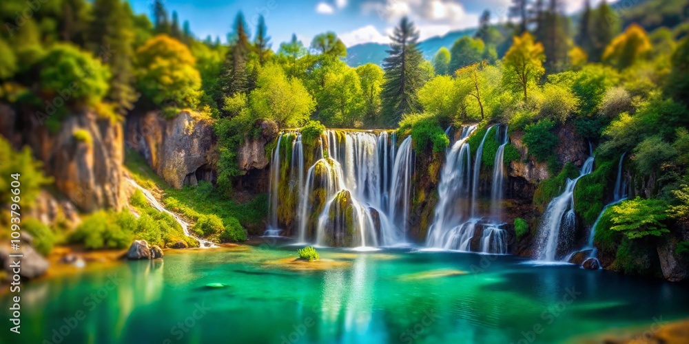 Obraz premium Breathtaking Tilt-Shift Photography of a Majestic Waterfall Cascading into a Serene Lake Surrounded by Lush Greenery and Stunning Rock Formations in a Picturesque Natural Landscape