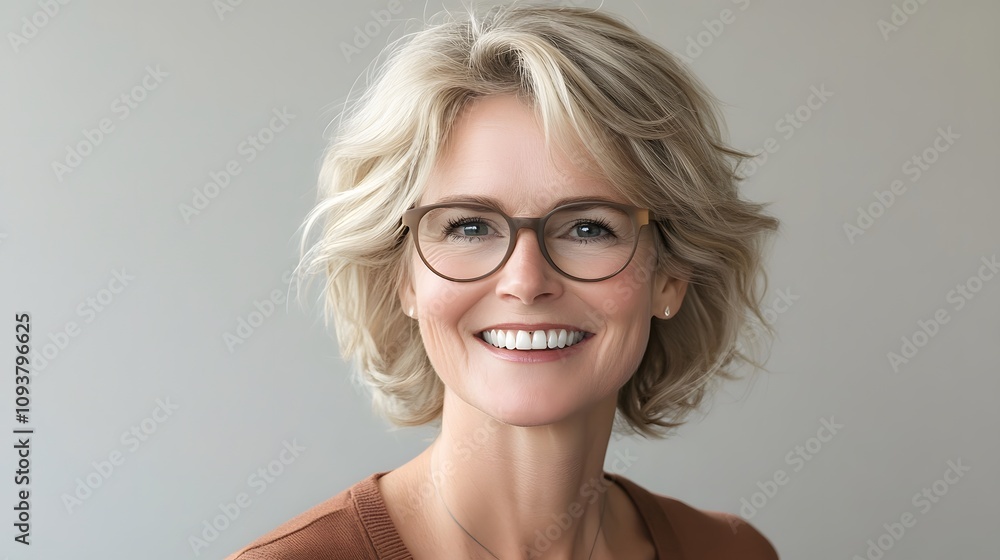 A jolly woman with blonde hair wearing glasses smiley face A jolly woman with blonde hair wearing glasses smiley face