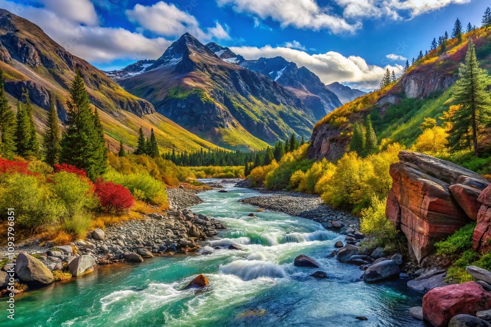 Breathtaking Vertical Landscape of a River Cascading Down a Majestic Mountain Range in Alaska, Showcasing the Beauty of Nature and the Serenity of the Wilderness Breathtaking Vertical Landscape of a River Cascading Down a Majestic Mountain Range in Alaska, Showcasing the Beauty of Nature and the Serenity of the Wilderness