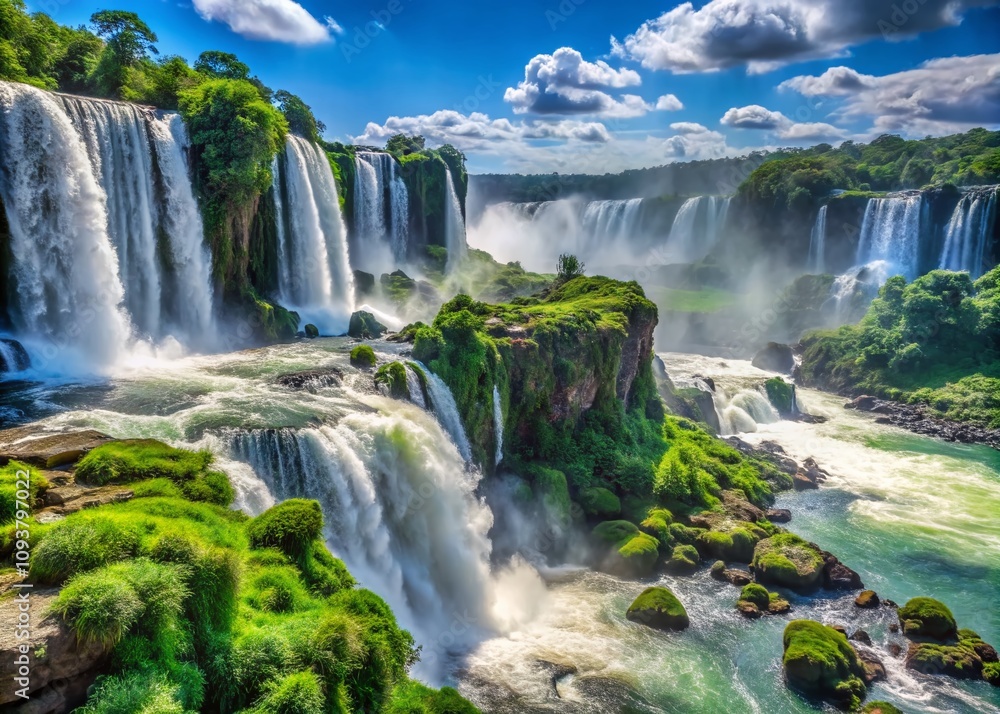 Fototapeta premium Breathtaking View of Iguazu Falls in Brazil with Lush Greenery and Misty Waterfalls Captured on a Sunny Day, Perfect for Nature Lovers and Travel Enthusiasts