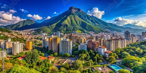 Breathtaking View of El Ávila Mountain in Caracas, Venezuela, Showcasing the Lush Greenery and Urban Landscape Beneath the Iconic Peak with a Clear Blue Sky Above