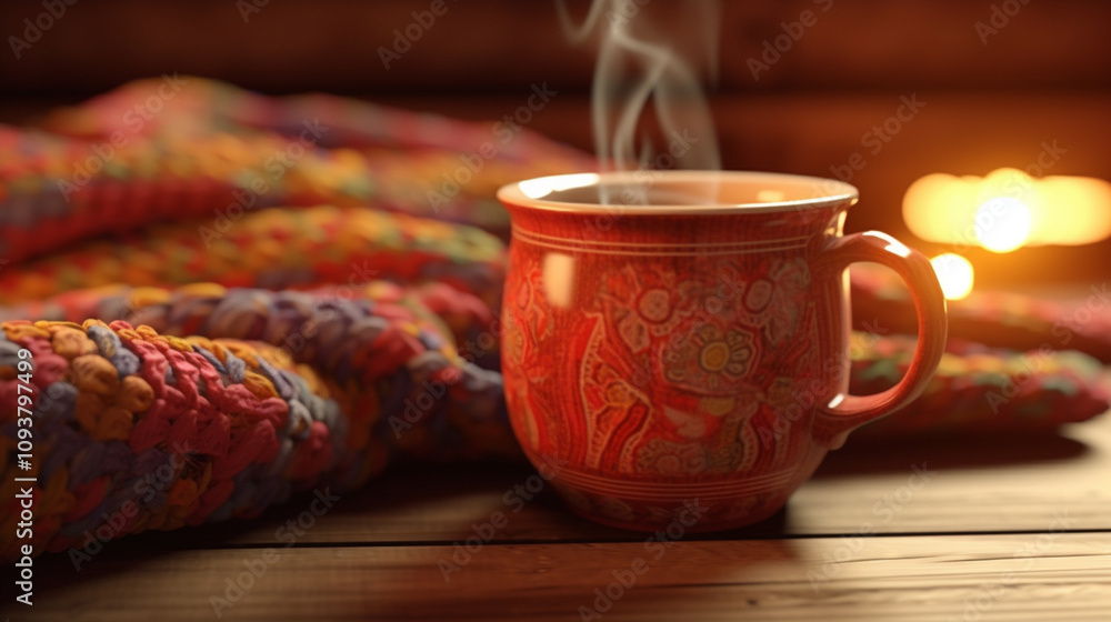 Tea mug covered with warm scarf on wooden surface,. Tea mug covered with warm scarf on wooden surface,.