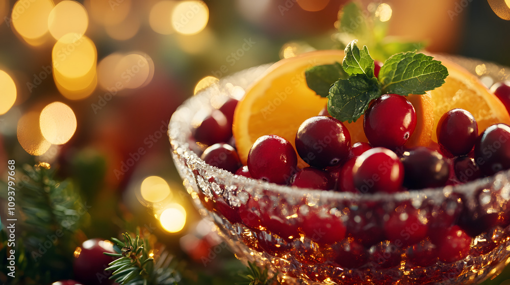 A sparkling Christmas punch bowl filled with cranberries orange slices and mint. A sparkling Christmas punch bowl filled with cranberries orange slices and mint.