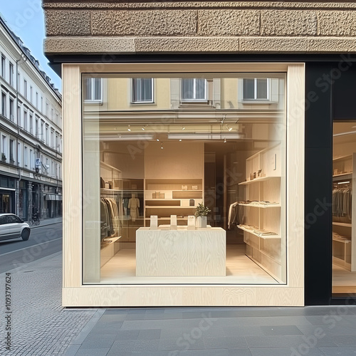 Fototapeta Naklejka Na Ścianę i Meble -  Beige winter shop front mockup, small store facade template for branding and business presentation, view of big window in European street