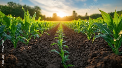 Fresh Green Corn Plants Growing in a Fertile Field Under Bright Sunrise with Soft Sky and Sunlight Casting Warm Glow on Agricultural Landscape