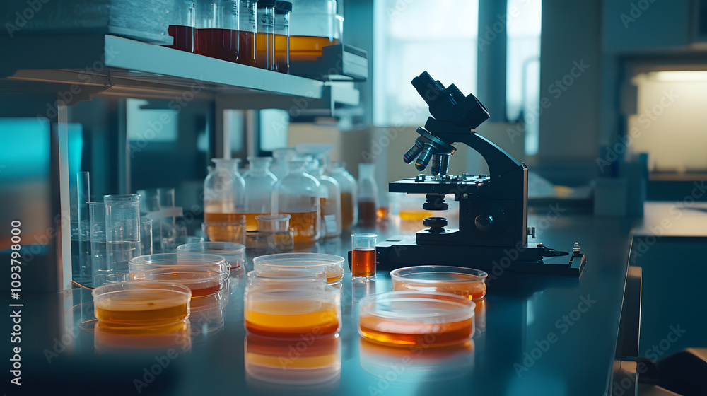 A state-of-the-art microbiology lab with petri dishes and bacteria cultures under microscopes. A state-of-the-art microbiology lab with petri dishes and bacteria cultures under microscopes.