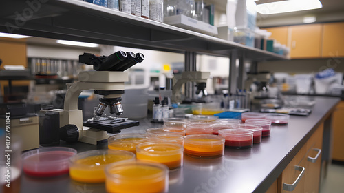 A state-of-the-art microbiology lab with petri dishes and bacteria cultures under microscopes.