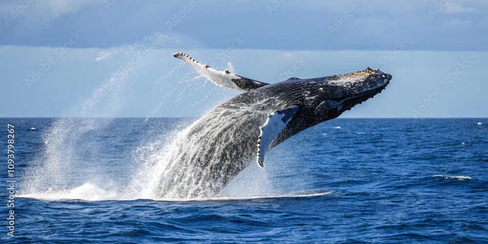 Fototapeta premium humpback whale breaching out of the deep blue ocean