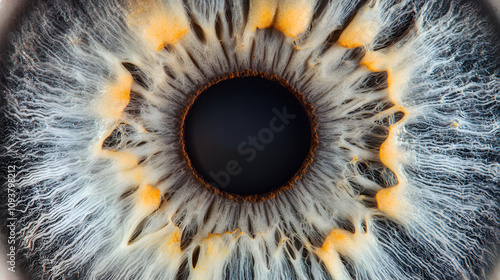 A striking gray eye with a halo of dark gray around the pupil and light gradients.