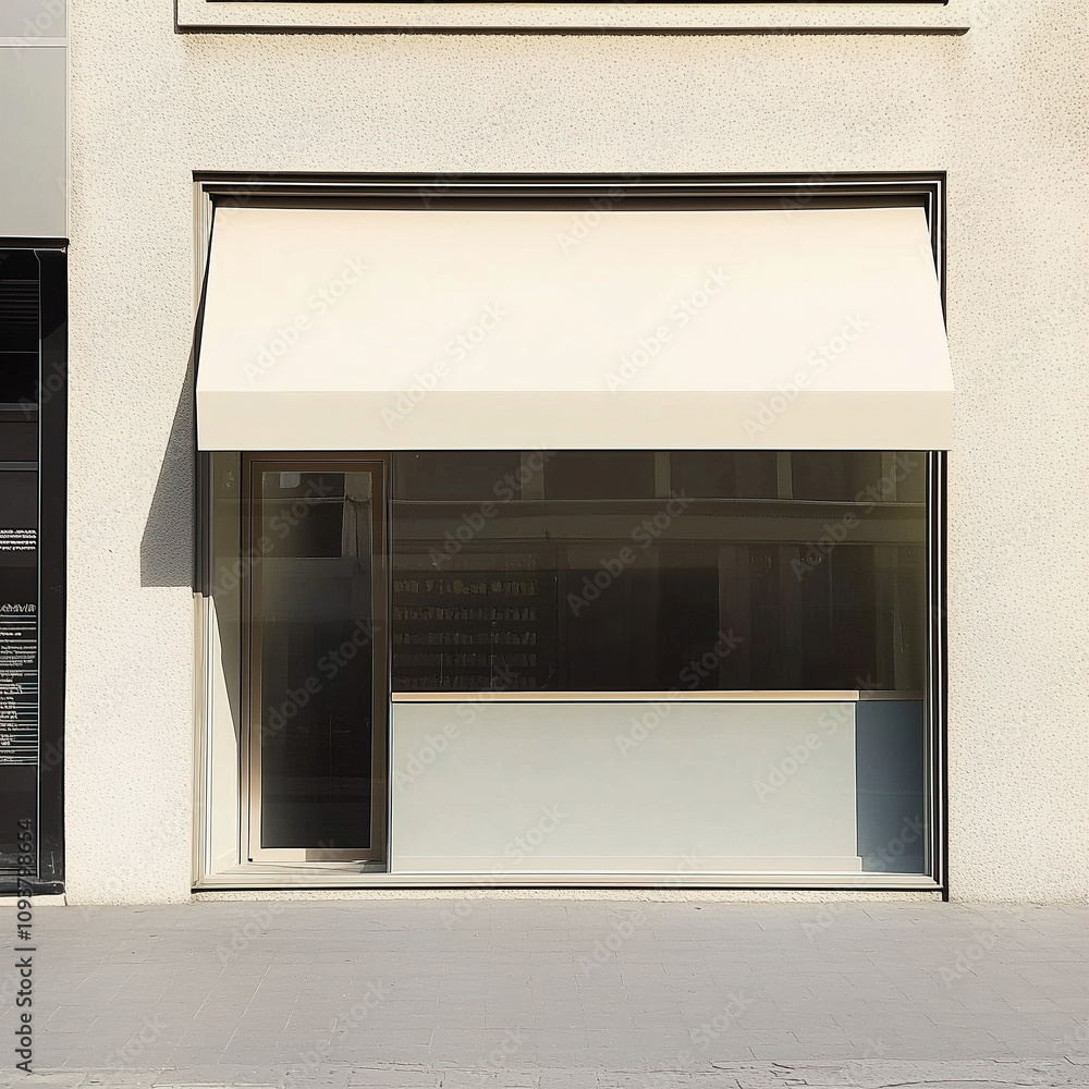 Beige winter shop front mockup, small store facade template for branding and business presentation, view of big window in European street Beige winter shop front mockup, small store facade template for branding and business presentation, view of big window in European street