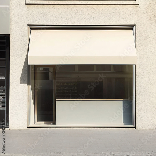 Fototapeta Naklejka Na Ścianę i Meble -  Beige winter shop front mockup, small store facade template for branding and business presentation, view of big window in European street