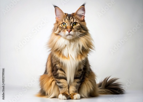 Candid Capture of a Maine Coon Cat Sitting Gracefully Against a Clean White Background, Showcasing Its Majestic Fur and Playful Personality in a Natural Setting