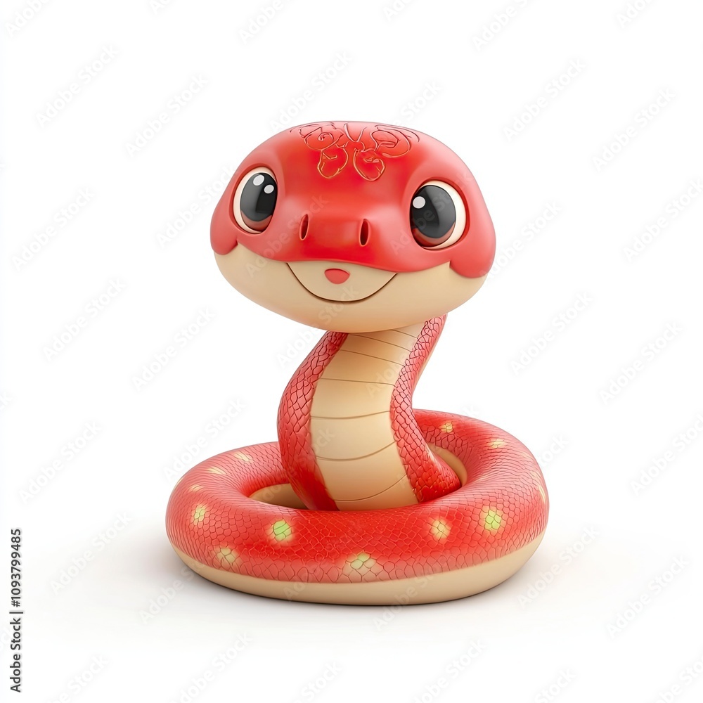 Fototapeta premium cute chinese new year snake, happy expression, red color, 3D, isolated on white background, isolated on a white background, ai