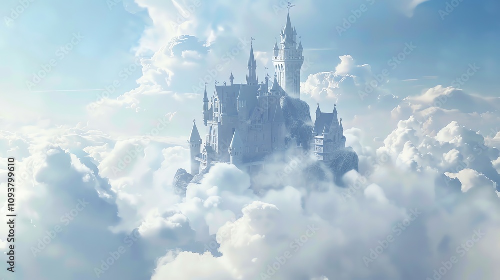 Fototapeta premium A fantasy illustration of a majestic castle perched on a clifftop amidst fluffy clouds.