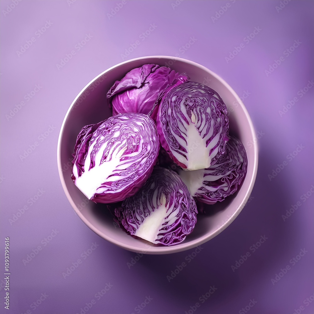 Fototapeta premium Fresh Purple Cabbage in a bowl on Light pastel purple background