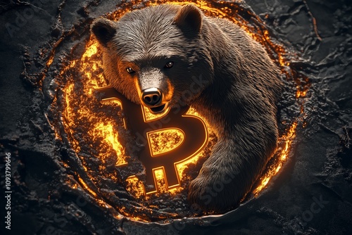 Fierce bear embracing a glowing bitcoin symbol surrounded by dramatic fiery lava, symbolizing cryptocurrency market volatility and bearish trends photo