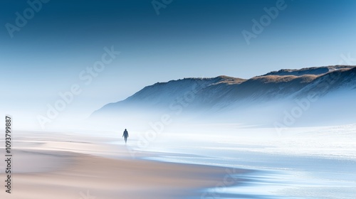 Solitary figure walking along a serene coastal landscape with misty sand dunes and tranquil blue sky in the background