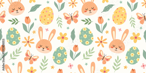 A cute pattern with bunnies and Easter eggs. Spring floral background