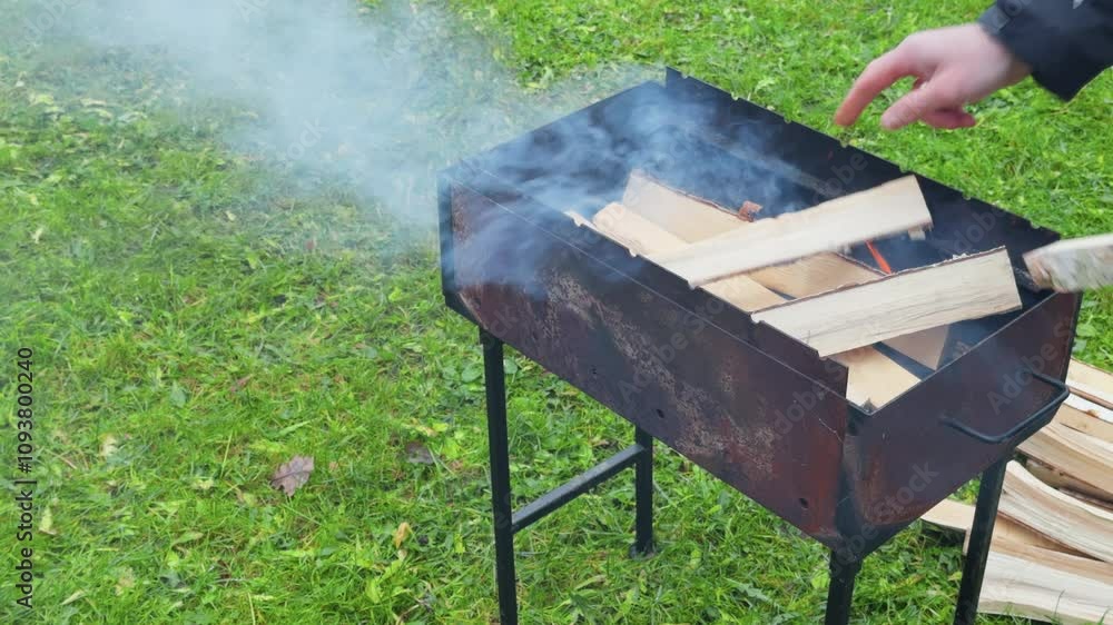 CloseUp Image of a Smoking Grill with Flames and Burning Wood Set Against a Beautiful Green Outdoor Environment CloseUp Image of a Smoking Grill with Flames and Burning Wood Set Against a Beautiful Green Outdoor Environment