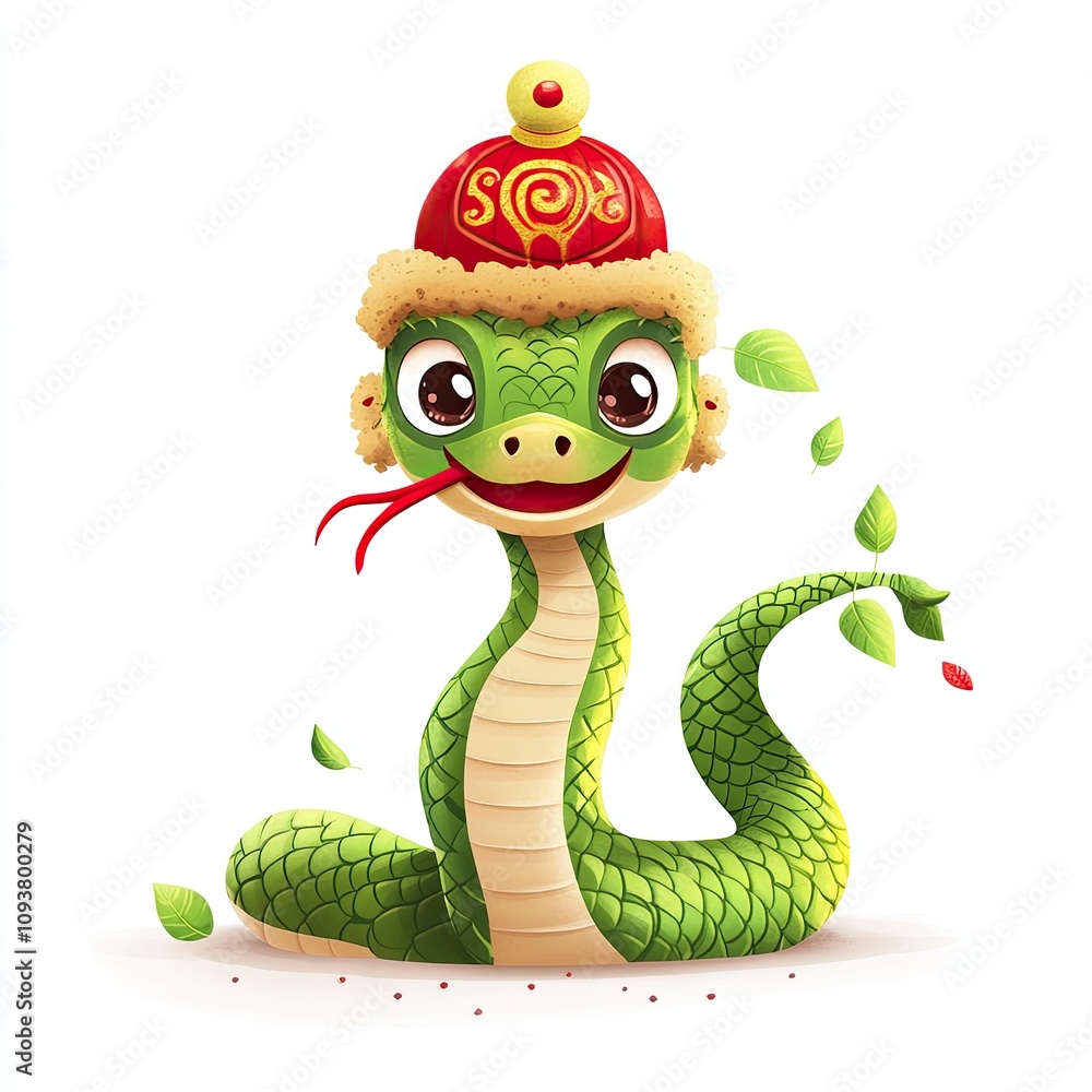 Fototapeta premium no-legged snake, green snake wearing red lion dance hat, tail crossed on ground, cute, cartoon, vector, illustration, white background, Lunar New Year, isolated on a white background, ai